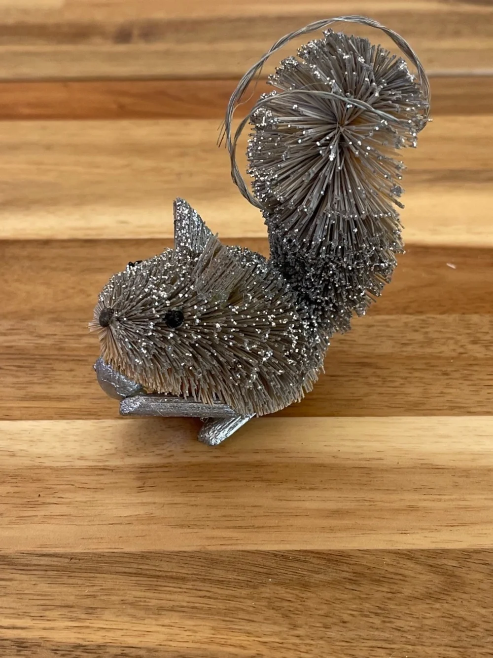 Crate & Barrel - Trio of silver bottlebrush ornaments - Sloth, Owl, and Squirrel